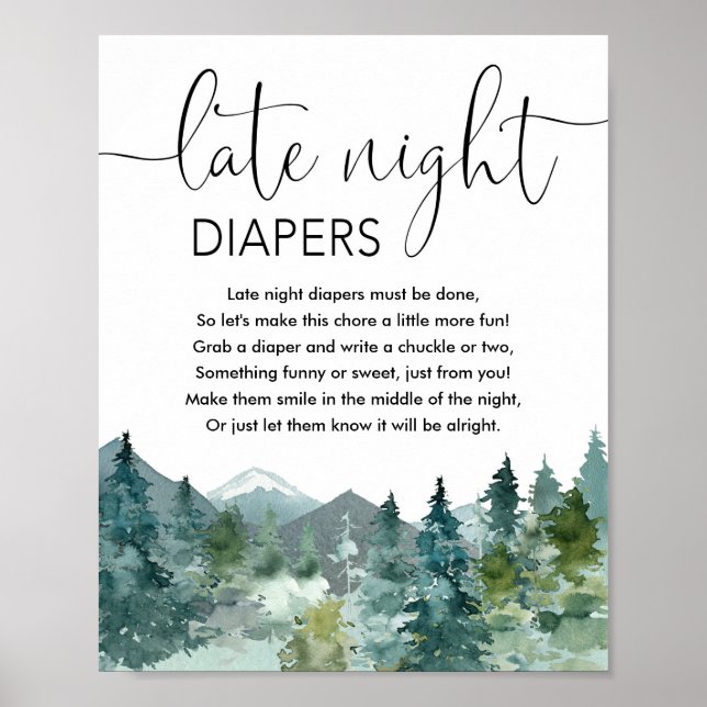 Late night diapers baby shower game mountains poster (Front)