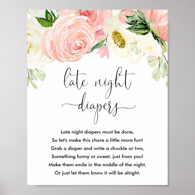 Late night diapers baby shower game sign pink gold (Front)