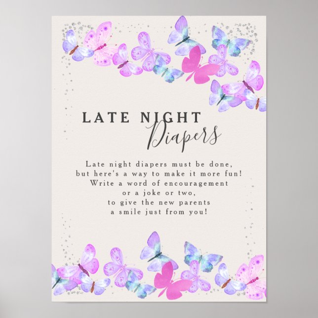 Late Night Diapers Butterfly Skies Baby Shower Poster (Front)