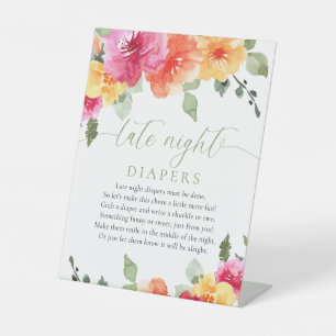 Late night diapers colorful floral baby shower  pedestal sign