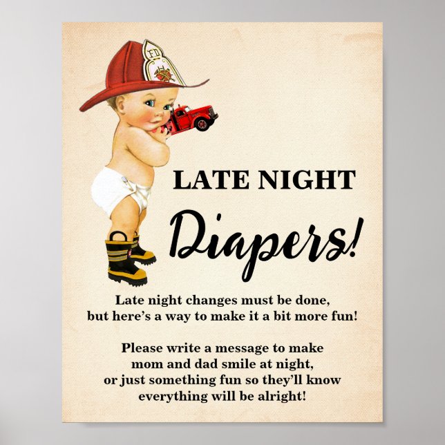 Late Night Diapers Game Firefighter Baby Shower Poster (Front)