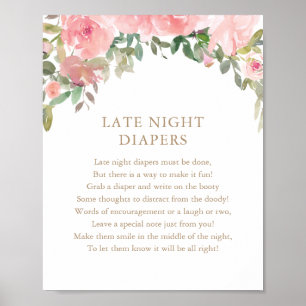 Late Night Diapers Pink Floral Baby Shower Poster