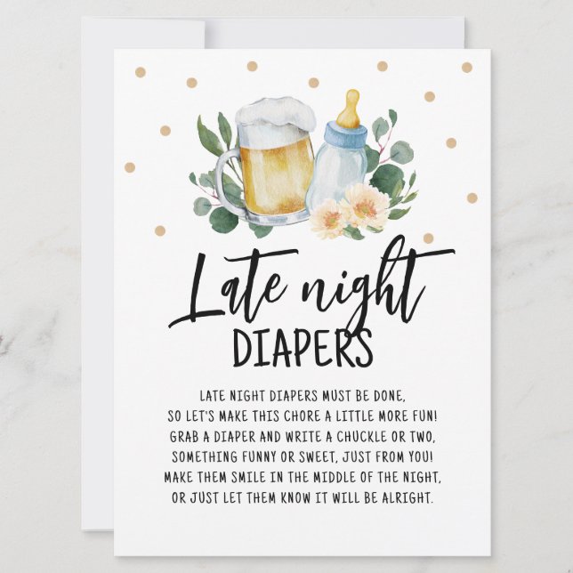 Late Night Diapers Sign Baby Is Brewing Greenery Invitation (Front)