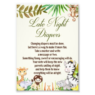 Late Night Diapers Sign, Baby Shower, Safari Photo Print