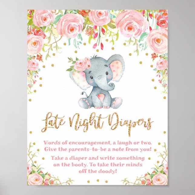 Late Night Diapers Sign Pink Elephant Baby Shower (Front)