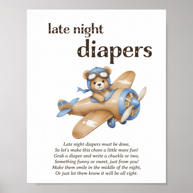 Late Night Diapers Teddy Bear Baby Boy Shower Game Poster (Front)