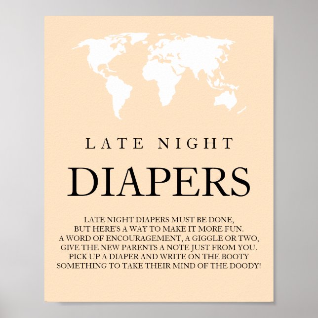 Late Night Diapers Travel World Map Baby Shower Poster (Front)