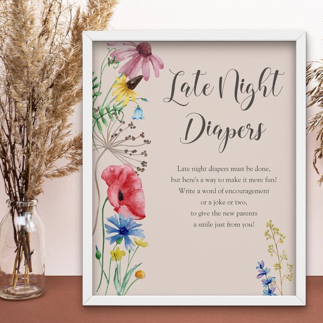 Late Night Diapers Wildflower Baby Shower Game Poster (Late Night Diapers baby shower game sign from my Wildflower Charm collection)