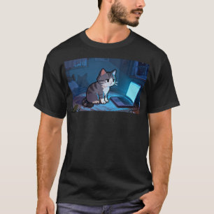 Late Night Pixel Cat Working on Laptop – Cozy Meme T-Shirt