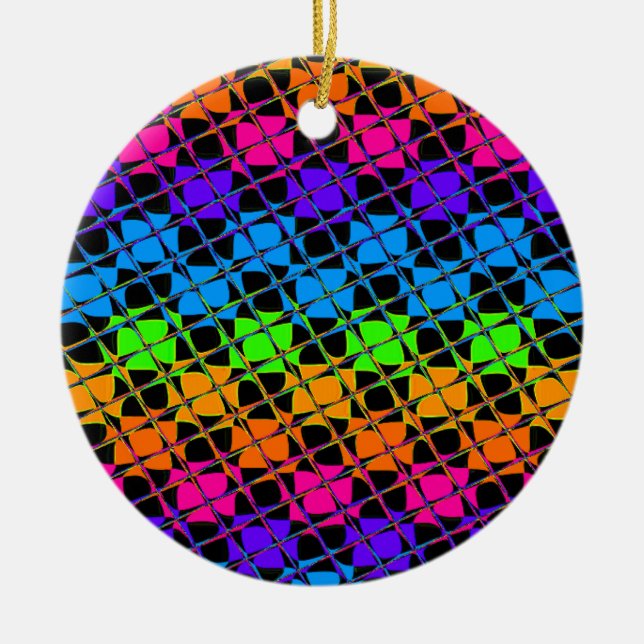 Latest Edgy Colourful Chequered Rainbow Pattern Ceramic Ornament (Front)