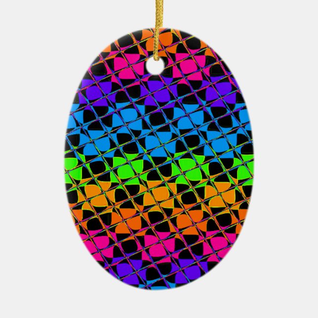Latest Edgy Colourful Chequered Rainbow Pattern Ceramic Ornament (Front)