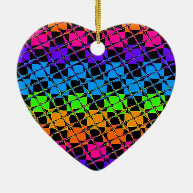 Latest Edgy Colourful Chequered Rainbow Pattern Ceramic Ornament (Front)