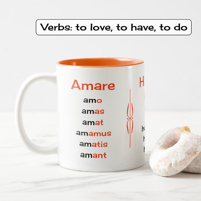 Latin verbs teacher or student Two-Tone coffee mug (Two-tone mug, orange option)