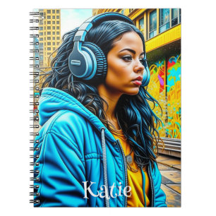 Latina Girl in an Urban Setting with Headphones Notebook