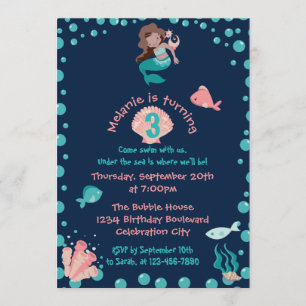 Latina Mermaid with Seahorse   3rd Birthday Party Invitation