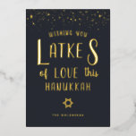 Latkes of Love | Hanukkah Greeting Card<br><div class="desc">Hanukkah... The festival of lights is here. Light the menorah, play with the dreidel and feast on latkes and sufganiyot. Celebrate the spirit of Hanukkah with friends, family. Add your custom wording to this design by using the "Edit this design template" boxes on the right-hand side of the item or...</div>