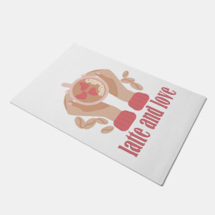 Latte and love cup, hands and coffee quote doormat