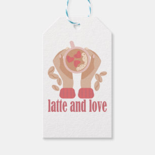 Latte and love cup, hands and coffee quote gift tags