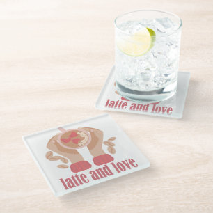 Latte and love cup, hands and coffee quote glass coaster
