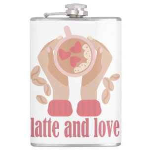 Latte and love cup, hands and coffee quote  hip flask