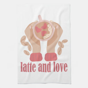 Latte and love cup, hands and coffee quote kitchen towel