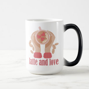 Latte and love cup, hands and coffee quote  magic mug