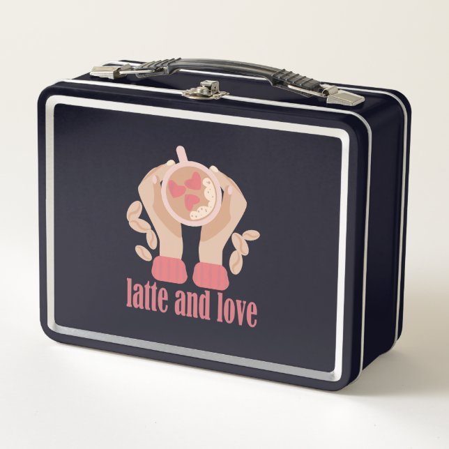 Latte and love cup, hands and coffee quote  metal lunch box (Front)