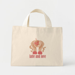Latte and love cup, hands and coffee quote   mini tote bag