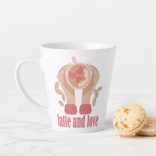 Latte and love cup, hands and coffee quote mug