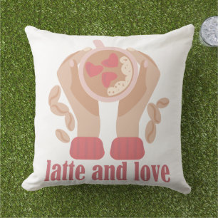 Latte and love cup, hands and coffee quote outdoor pillow