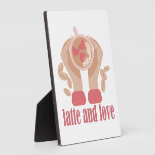 Latte and love cup, hands and coffee quote plaque