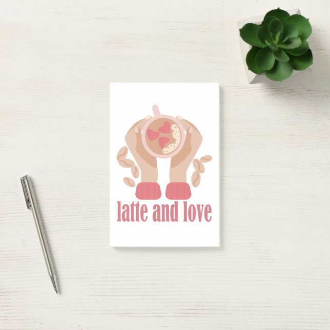 Latte and love cup, hands and coffee quote  post-it notes (Office)