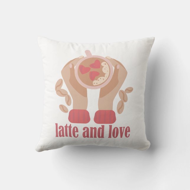 Latte and love cup, hands and coffee quote   throw pillow (Back)
