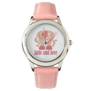 Latte and love cup, hands and coffee quote   watch