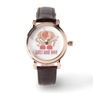 Latte and love cup, hands and coffee quote watch