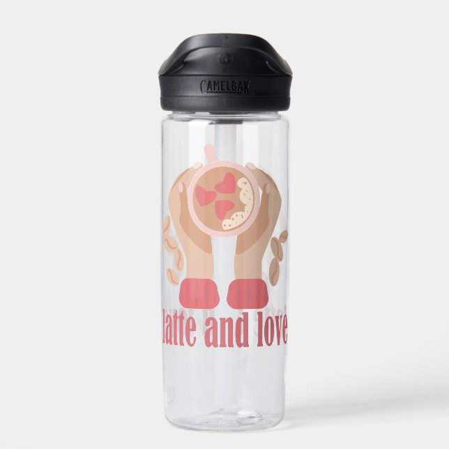 Latte and love cup, hands and coffee quote  water bottle (Back)