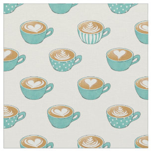 Latte Art in Cute Blue Coffee Mugs Fabric