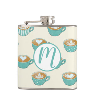 Latte Art in Cute Blue Coffee Mugs Hip Flask