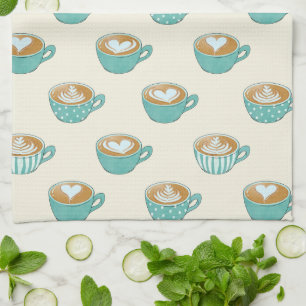 Latte Art in Cute Blue Coffee Mugs Kitchen Towel