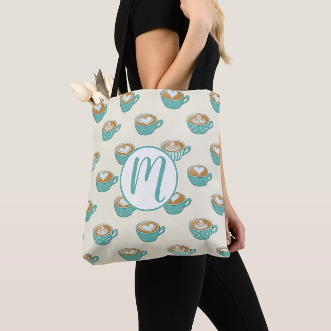 Latte Art in Cute Blue Coffee Mugs Tote Bag (Close Up)