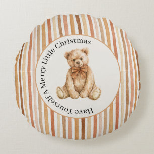 Latte Cocoa Blush Stripes Teddy Bear Christmas Round Pillow