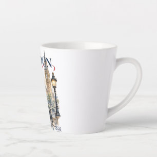 Latte coffee mug London with red bus and architect