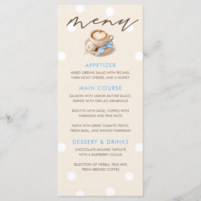 Latte Coffee Themed Boy Baby Shower Menu Cards (Front)