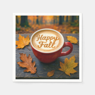 Latte Happy Fall In a Red Mug With Autumn Leaves Napkin