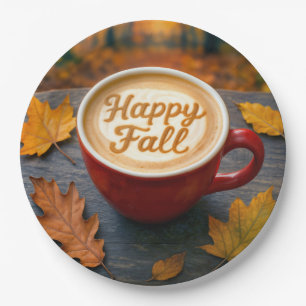 Latte Happy Fall In a Red Mug With Autumn Leaves Paper Plate