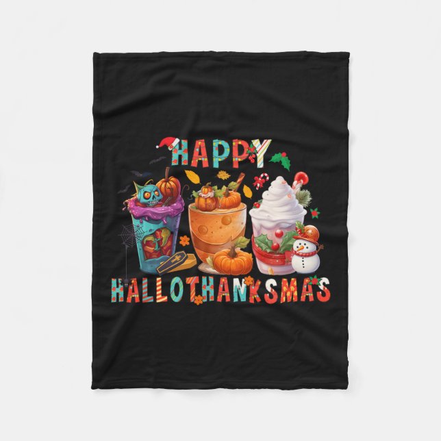 Latte Lovers Happy Hallothanksmas Pumpkin Xmas Pre Fleece Blanket (Front)