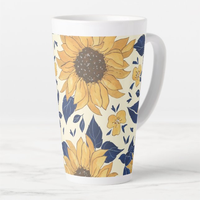 Latte Mug : Bleu marine et Tournesols jaunes (Angle droit)