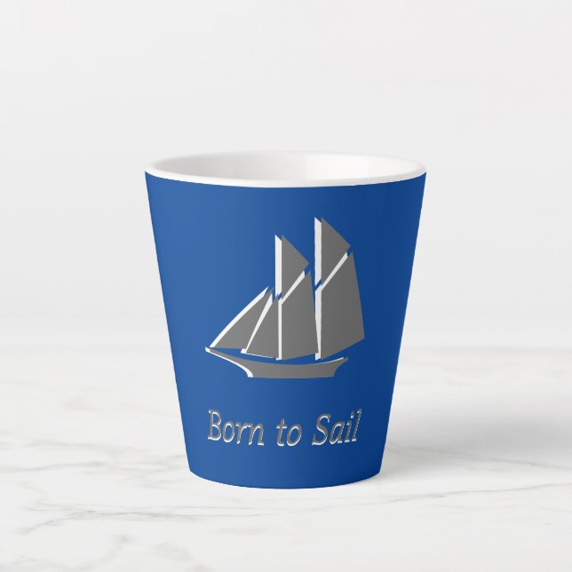 Latte Mug - Grey Sail Boat on Blue (Front)