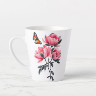Latte Mug - Pink Peony Flowers, Butterfly
