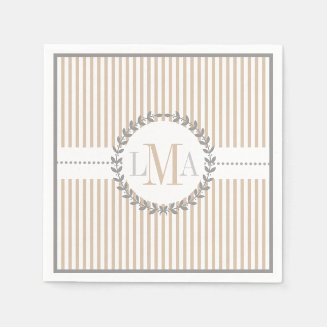 Latte, white striped pattern wedding napkin (Front)